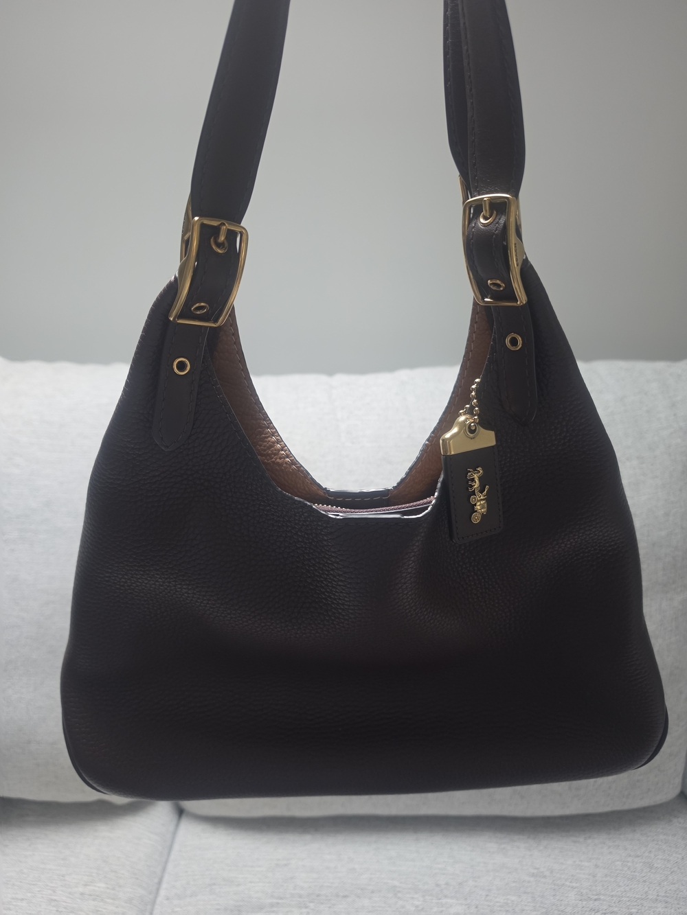 Coach Dark Brown Pebbled Leather Hobo with Gold Hardware